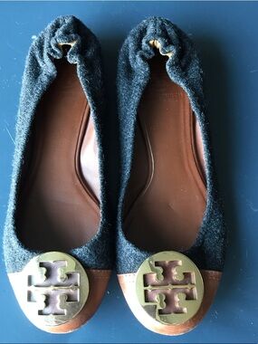 Tory Burch Black Wool & Brown Leather Logo Ballet Flats
